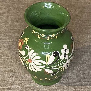 GREEN FLOWER VASE WITH FLORAL DESIGN MADE IN HUNGARY